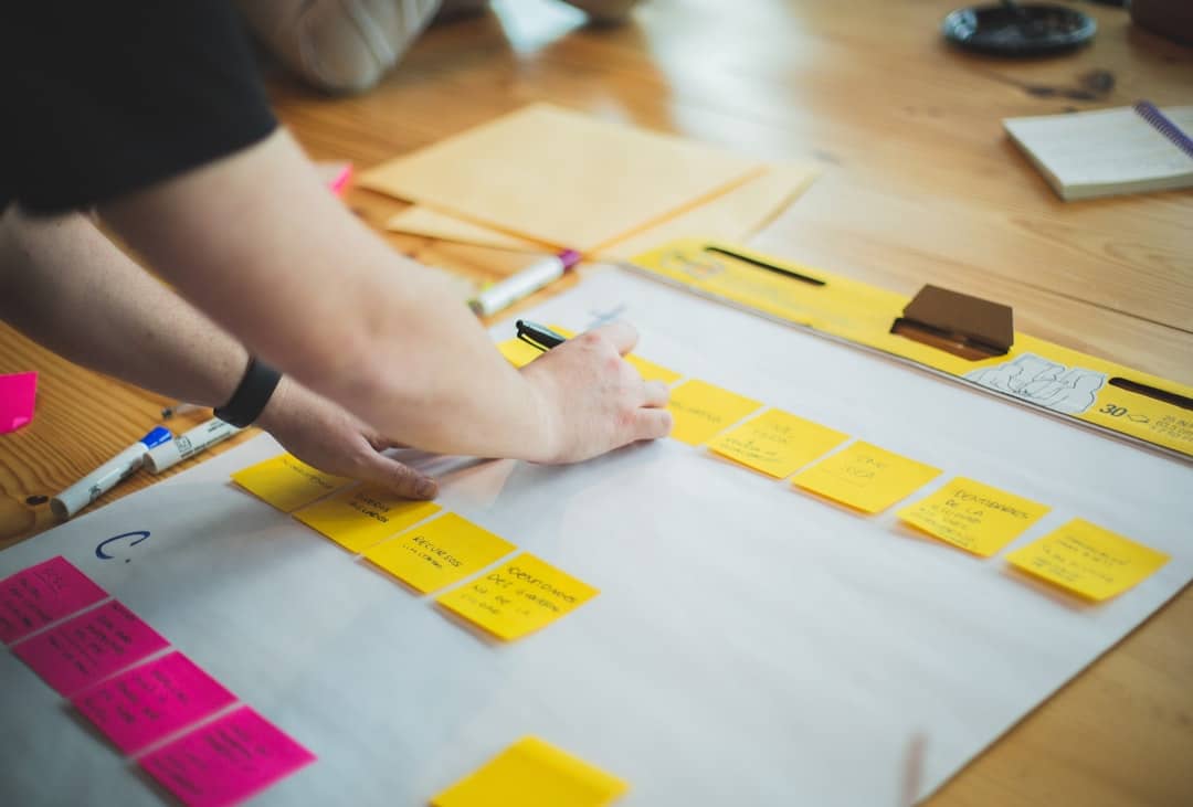 Person organizing sticky notes on a large paper, suggesting teamwork and planning in a hybrid work setting.